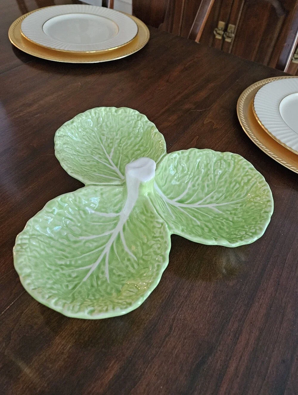 Vintage Olfaire Portugal Cabbage Ware Green 3 Section Divided Serving Dish P2414